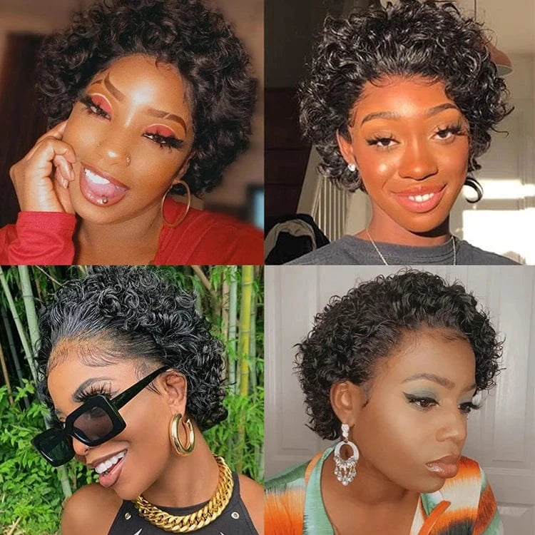 Black / 8 Inches Perruque Pixie Cut Wig Human Hair Coupe Courte Natural Color Curly Wave Bleached Knots 13x4 Lace Frontal Wig with Baby Hair