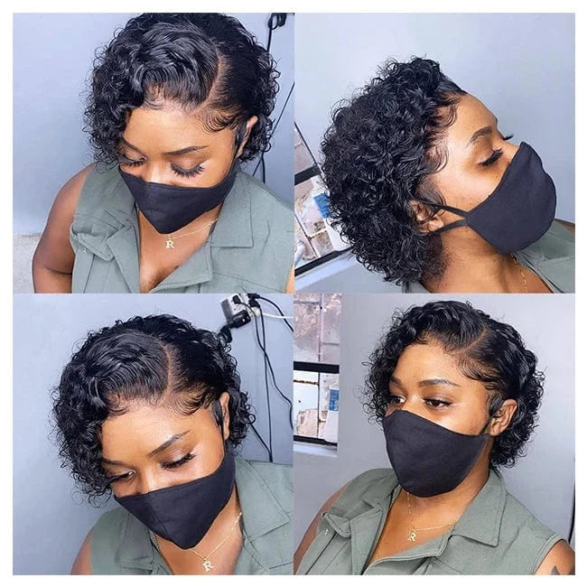 Black / 8 Inches Perruque Pixie Cut Wig Human Hair Coupe Courte Natural Color Curly Wave Bleached Knots 13x4 Lace Frontal Wig with Baby Hair