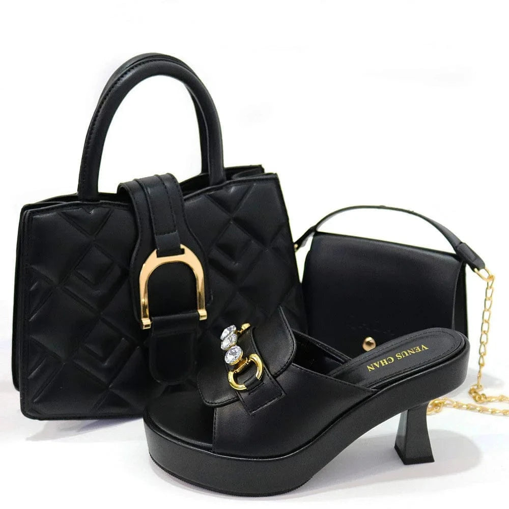 Black African Italian Luxury Fashion Ladies Custom Logo Shoes and Handbag Tote Bag With Matching Slides Shoes for Women