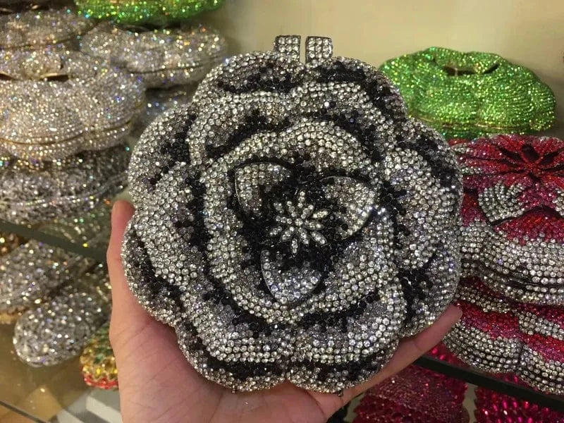 Black and sliver Custom Banquet Dress Rhinestone Bag Rose Diamond Clutches Luxury Flower Woman Gown Crystal Clutch Bag for Women Luxury Gold