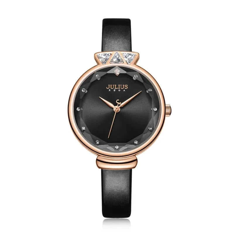 black Aquarius CZ Julius Lady Women's Watch Japan Quartz Fashion Rhinestones Hours Bracelet Real Leather Girl's Gift Box