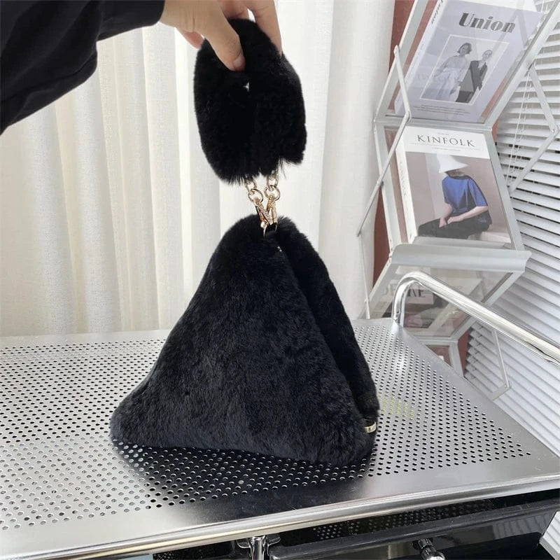 Black Autumn Winter New Fur Handbag Bag Handbag Fur Bag Real Rabbit Fur Plush Triangle Bag