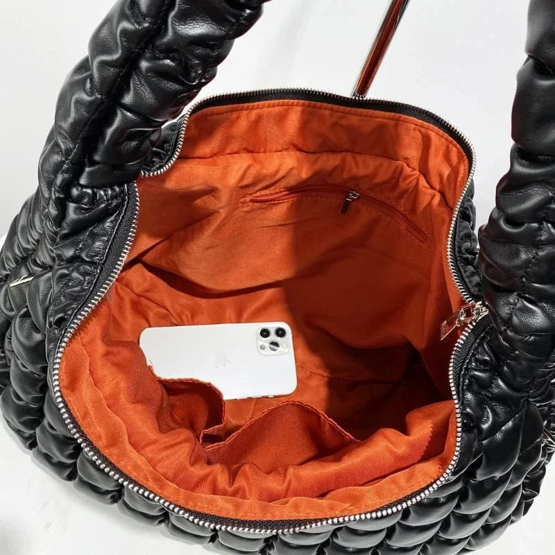 Black Casual Puffer Bags For Women Luxury Designer Handbags Purses 2024 New In PU Embroidery Large Capacity Half Moon Shoulder