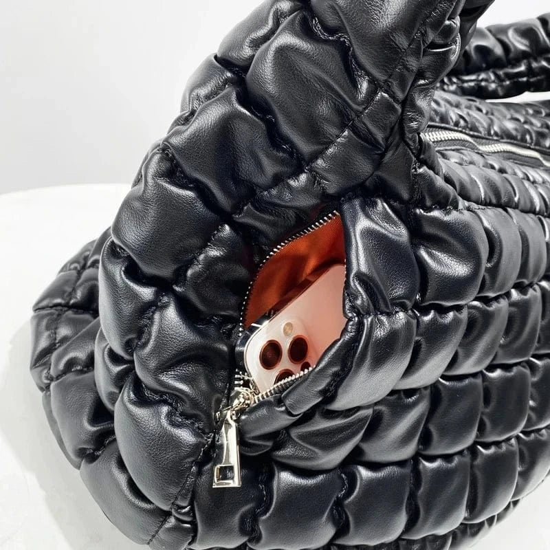 Black Casual Puffer Bags For Women Luxury Designer Handbags Purses 2024 New In PU Embroidery Large Capacity Half Moon Shoulder