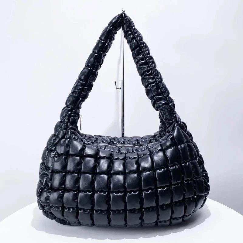 Black Casual Puffer Bags For Women Luxury Designer Handbags Purses 2024 New In PU Embroidery Large Capacity Half Moon Shoulder