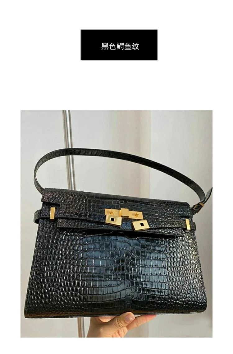 Black Crocodile Customizable logo Bag 2024 new women's bag leather retro versatile One Shoulder Messenger underarm bag