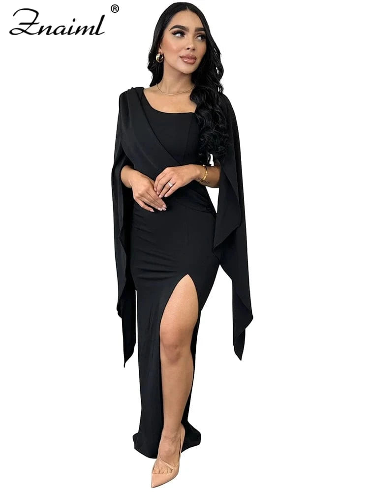 black dress / S / CHINA Znaiml Elegant Flare Sleeve Celebrity Nightclub Maxi Long Dresses for Women Sexy High Split Evening Party Prom Birthday Vestidos