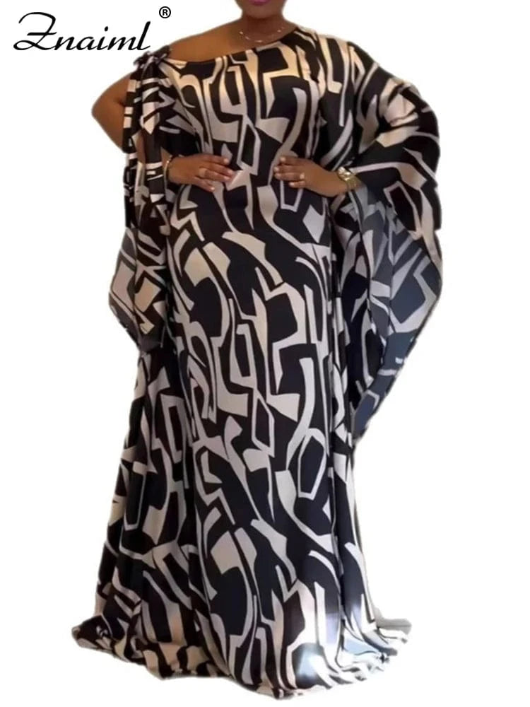 black dress / S Znaiml Fashion Print Skew Collar Loose Black Maxi Dress for Women Elegant Spring Dashiki Muslim African Club Party Vestidos 2025