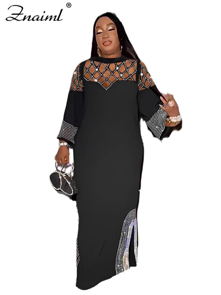black dress / XXXL Znaiml Elegant Festival Indie Folk Diamonds Patchwork Hollow Out Long Sleeve Dress Women O-neck Evening African Vacation Vestido