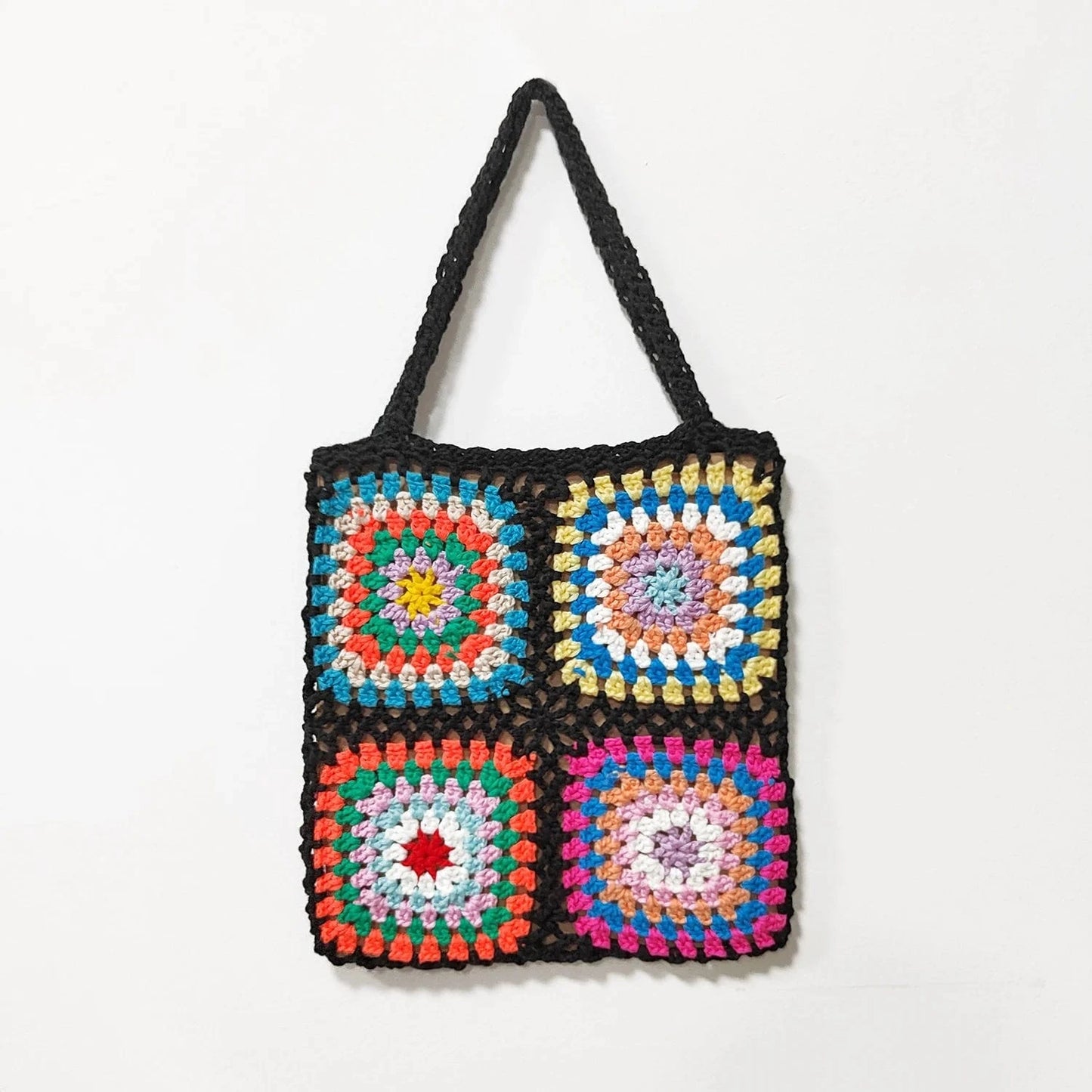 Black Factory Granny Granny Square Handmade Crochet Single Shoulder Tote Handbag