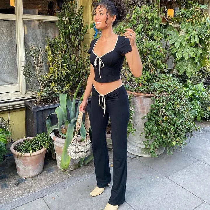 Black Flare Pants Low Waist Slim Fit Solid Color Pants for Women 2024 Autumn Sexy Waist Lace Up Hot Trousers Sweat Winter Pants