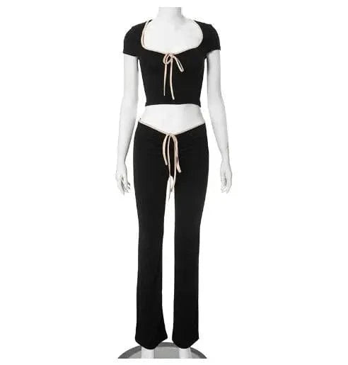 Black Flare Pants Low Waist Slim Fit Solid Color Pants for Women 2024 Autumn Sexy Waist Lace Up Hot Trousers Sweat Winter Pants