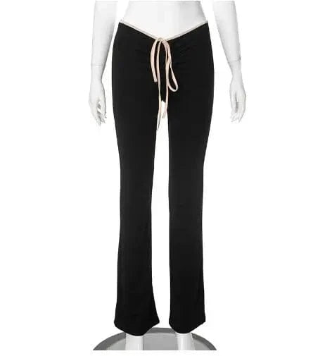 Black Flare Pants Low Waist Slim Fit Solid Color Pants for Women 2024 Autumn Sexy Waist Lace Up Hot Trousers Sweat Winter Pants