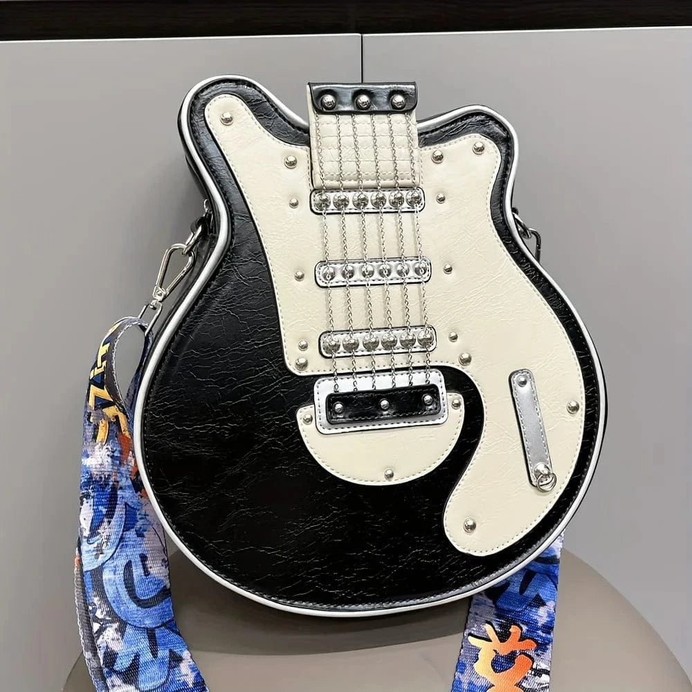 Black Guitar Shaped Unique Purses for Women Y2K Punk Creative Luxury Crossbody Bags Leather Novelty Handbags 2024