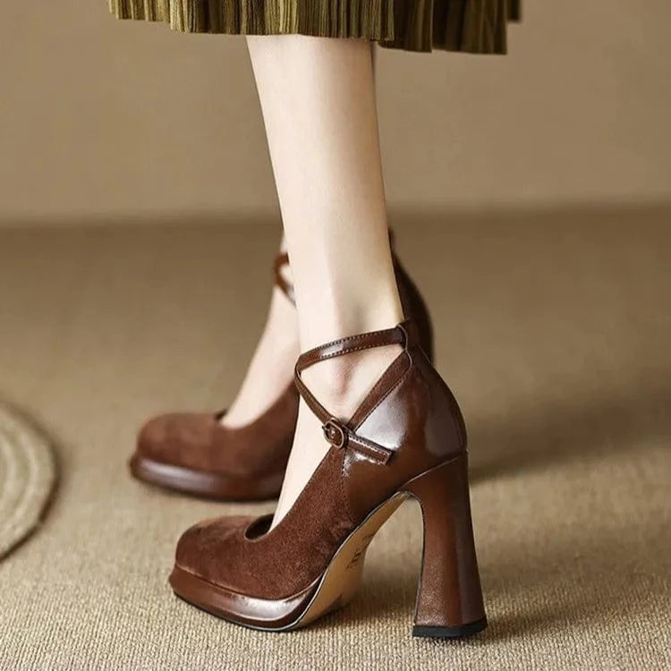 Black high heels women's thick heels wedding shoes Mary Jane 2023 new cross straps square toe versatile comfortable light Sin