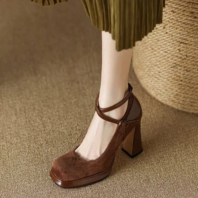Black high heels women's thick heels wedding shoes Mary Jane 2023 new cross straps square toe versatile comfortable light Sin