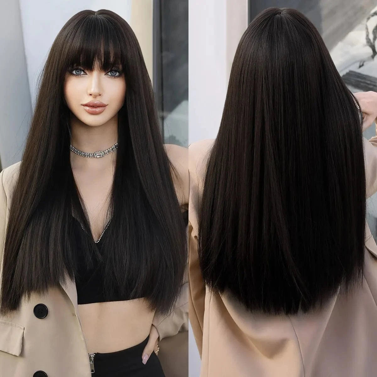 Black Highlights Pink Wig with Bangs Long Straight Wigs for Women,Heat Resistant Light Pink Synthetic Wigs Black Pink Hair