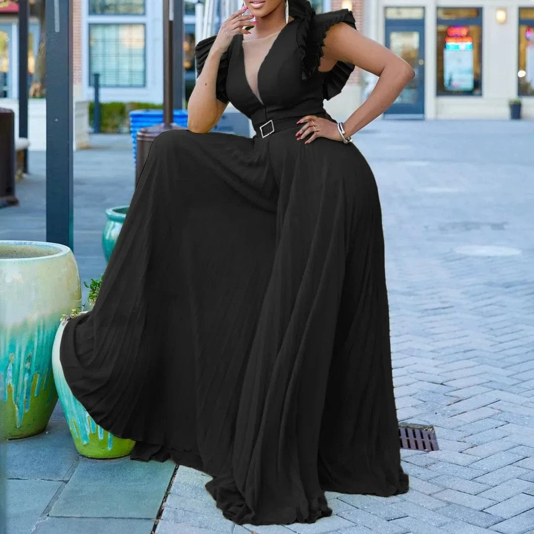 Black Jumpsuits / S Elegant Pleated Jumpsuits & Rompers for Women V Neck Ruffles Belt Waisted High Waisted Floor Length Luxury Birthday Party Outfit
