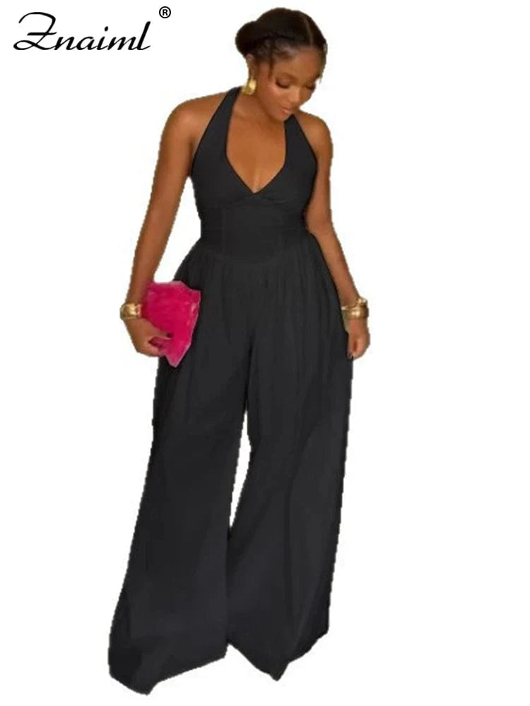black jumpsuits / XXL Znaiml Elegant Evening Gowns Biarthday Party One Pieces Wide Leg Pants Outfit for Women White Halter Backless Jumpsuit Rompers