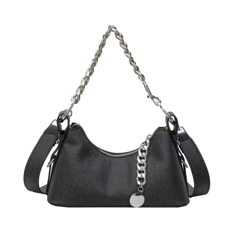 Black Korean Fashion Silver Small Underarm Bag for Women 2024 Trend Designer Sequined Armpit Handbags Thick Chain Simple Shoulder Bag