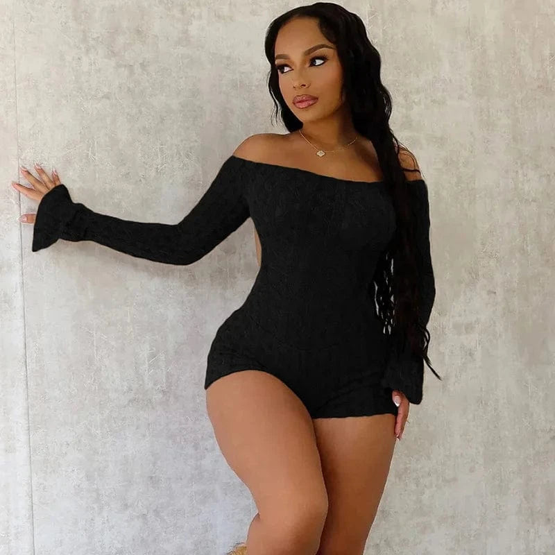 Black / L 2025 Spring Women's Clothes Above Knee Sexy Knit Rib Romper One Piece Off Shoulder Long Sleeve Skinny Short Jumpsuits Playsuits