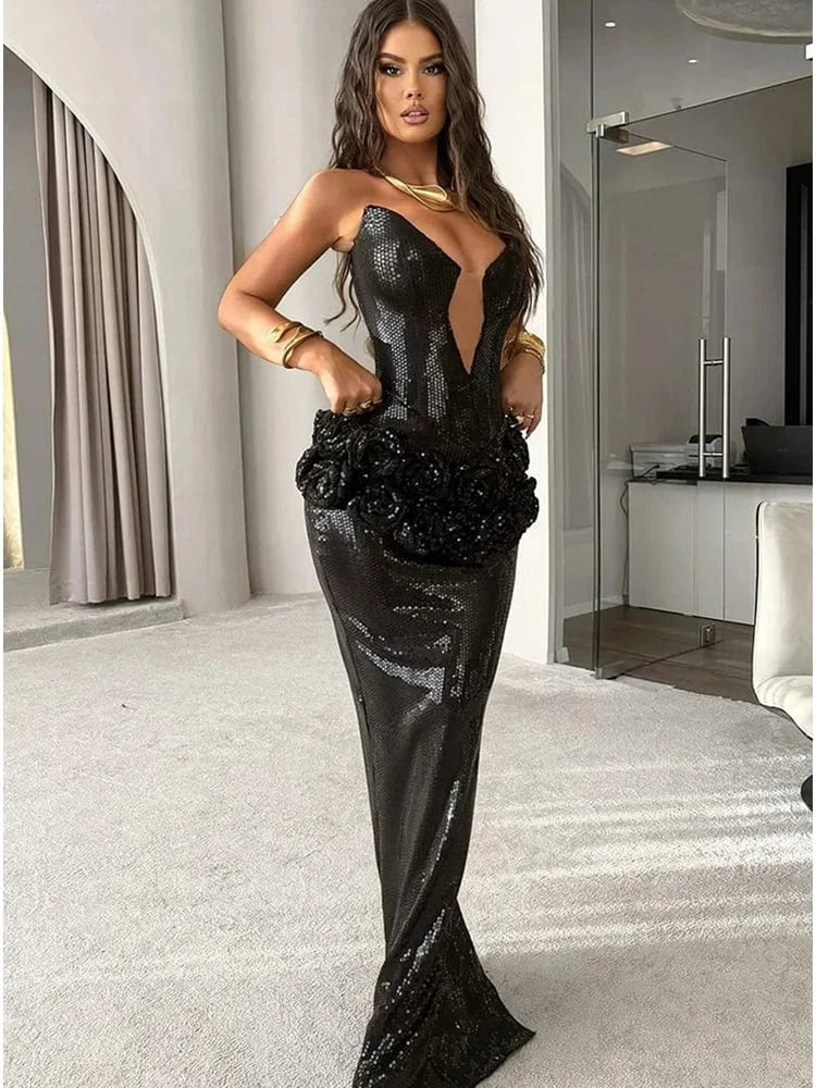 Black / L / CHINA Women 2025 Black Sequin Strapless Mermaid Style Long Dress Hollow out Rose Embellishments Elegant Glamorous Party Evening Gown