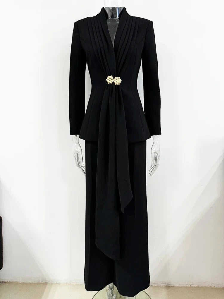 black / L HIGH STEET Newest 2024 Designer Suit Set Women's Collarless Blazer Jacket Wide Leg Pants Suit 2pcs