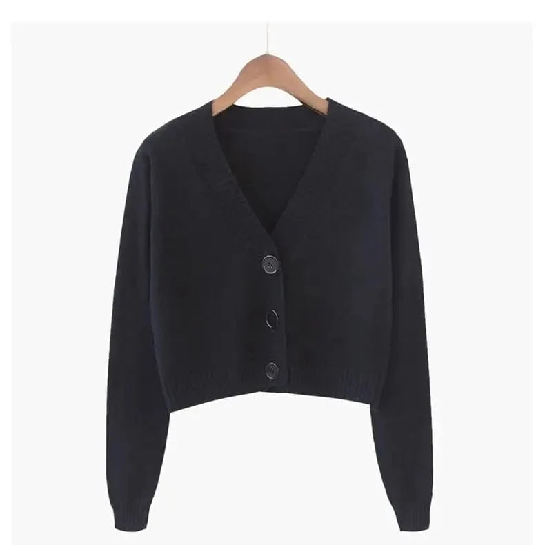 black / L Knitted Cropped Cardigan Women Korean Short Sweater Long sleeve Crop Top V neck Fashion Y2k Clothes Green Blue