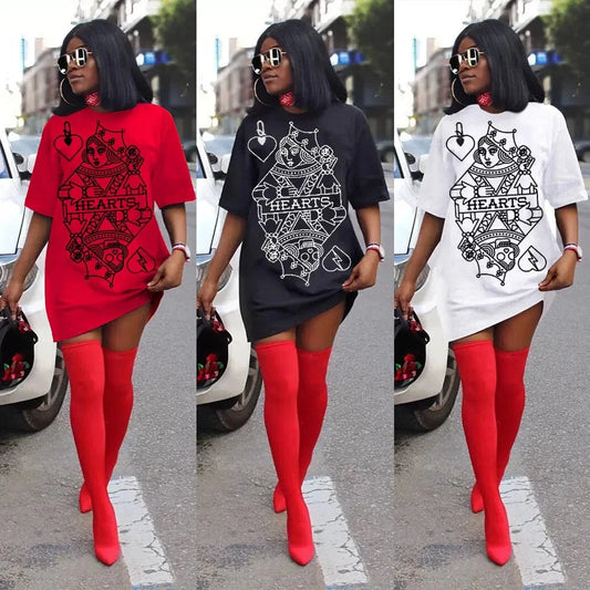 black / L New 2025 Women Short Sleeve O-neck Spade Q Black Queen Print T-shirt Dress Vintage Fashion White Tee Dresses Vestidos