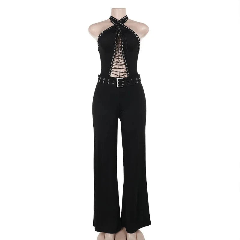 black / L Sexy Halter Backless Black Jumpsuit Woman Elegant Sleeveless Lace-up Hollow Out Bandage One Pieces Romper Night Club Outfit