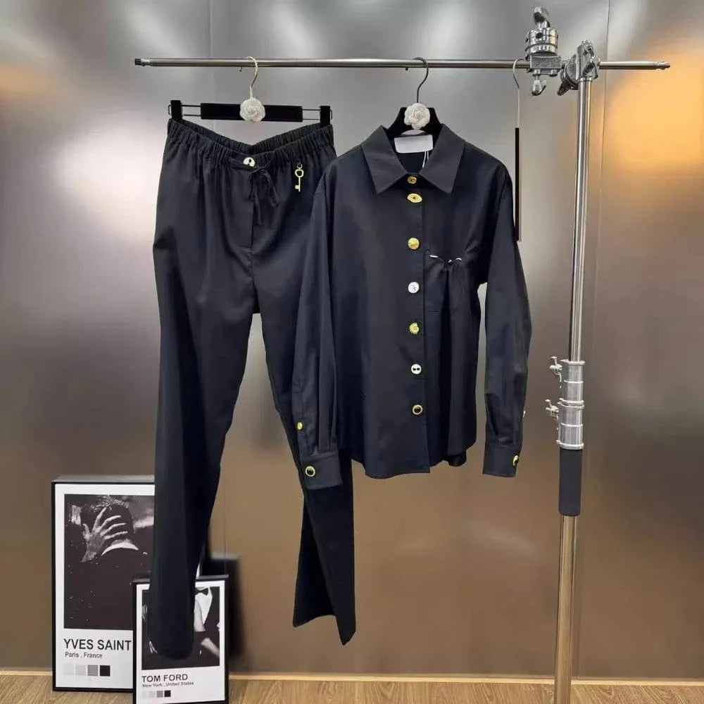BLACK / L VGH Chic Spliced Metal Buckles Two Piece Set for Women Lapel Long Sleeve Top High Waist Patchwork Drawstring Pants Suit Female