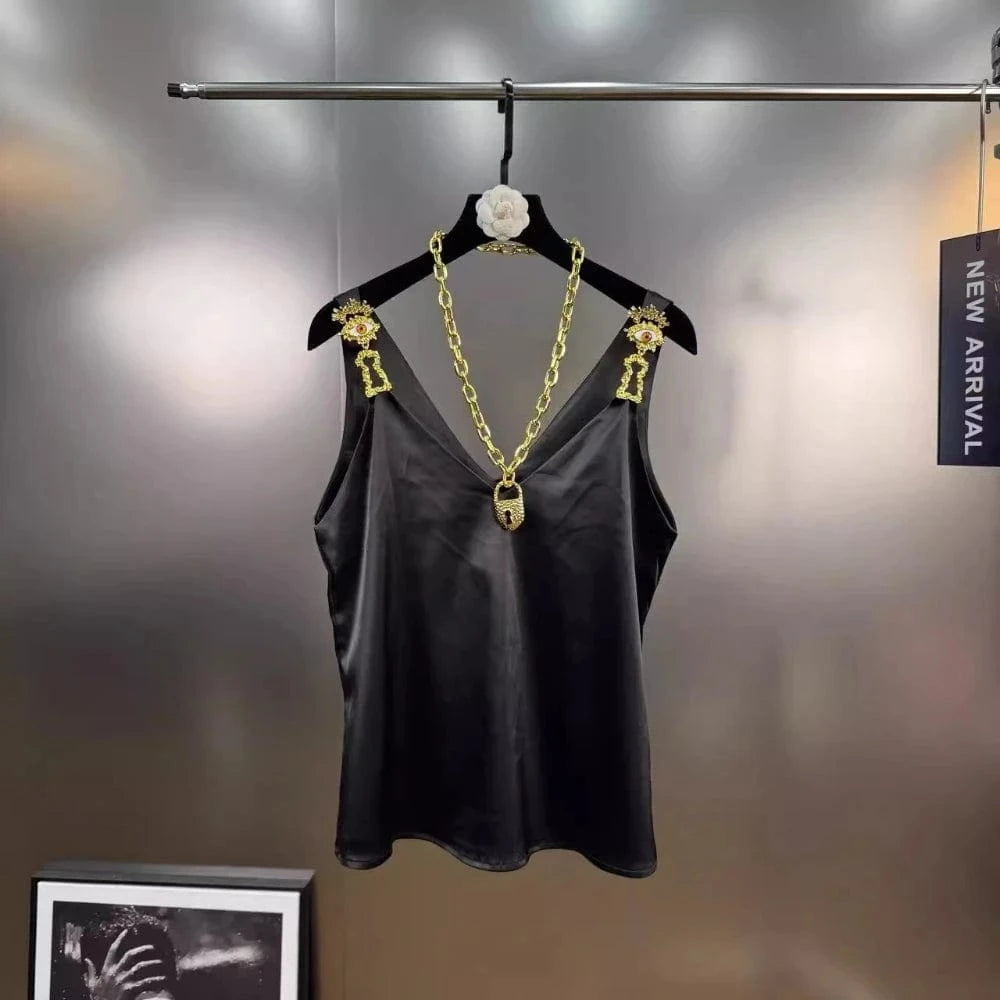 BLACK / L VGH Solid Color Spliced Metal Chain Basics Vest for Women V Neck Sleeveless American Streerwear Tank Tops Female Fashion Style