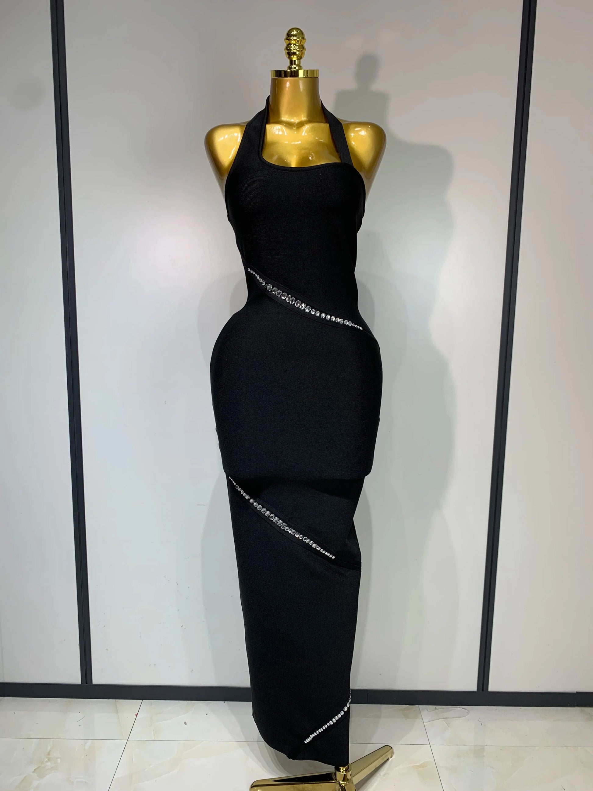 black / L Women Celebrity Sexy Backless Halter Black Crystals Bandage Dress 2025 Knitted Elegant Evening Club Party Luxury Birthday Dress