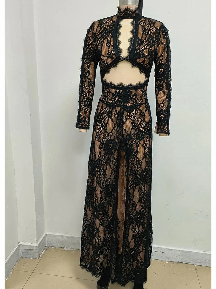 Black Lace / L / CHINA Women's Maxi Lace Cut Out Long Dress Sexy Backless High Split Long-Sleeves Deep V-Neck Celebrity Slim Party Wedding Morning Gown