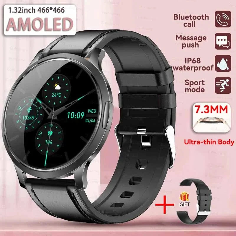 Black Leather / Fashion watch 2025 New Smart Watch For Women 1.32"HD AMOLED Screen IP68 Waterproof Heart Rate Women Health Ladies Smartwatches For Android ios