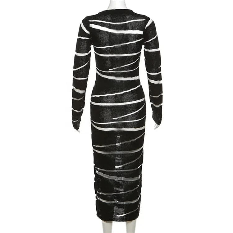 Black Long Sleeve Knit Patchwork Long Dress Party Evening For Women Mesh Hollow Out Maxi Dress