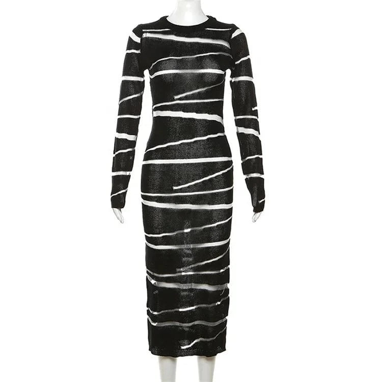 Black Long Sleeve Knit Patchwork Long Dress Party Evening For Women Mesh Hollow Out Maxi Dress