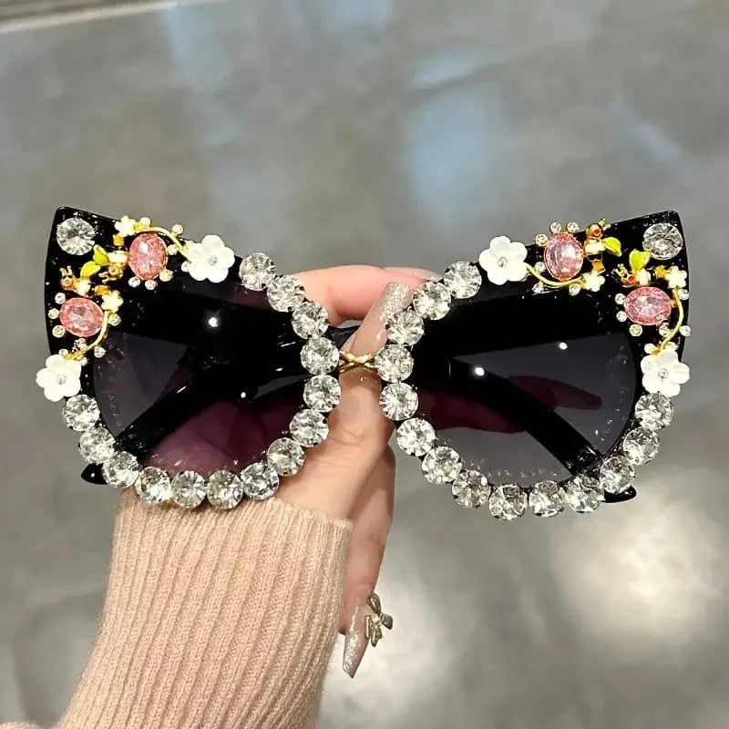 Black Luxury Rhinestone Flower Sunglasses Cat Eye Gradient Decorative Shades Props For Costume Party Prom