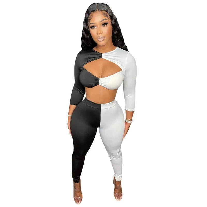 black / M Color Block Patchwork Two Piece Set Women Cut Out Crop Top and Pants Leggings Club Outfits for Women Matching Sets Tracksuit