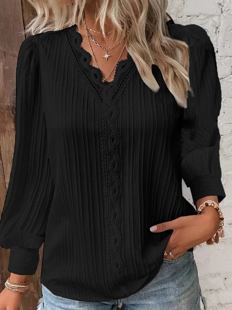 black / M Elegant Summer Hollow Lace Patchwork Women Shirt Chic Blouse V Neck Long Sleeve Shirt Plain Lace Casual Basic Regular Tops