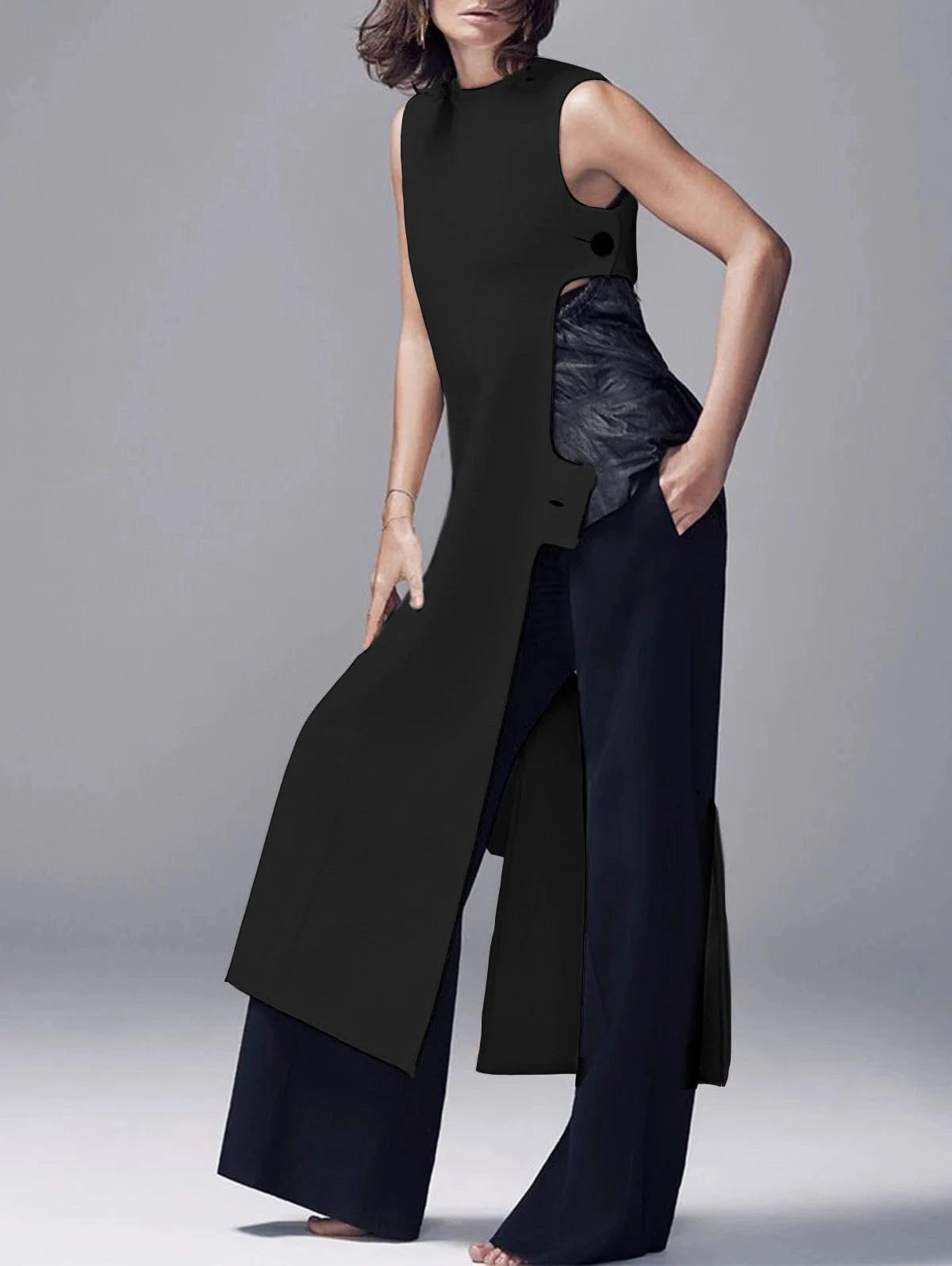 Black / M Fashion Plain Crew Neck Sleeveless Button Slit Dress Sexy Vintage Casual Chic Summer Slim Single Button High Street Long Dress