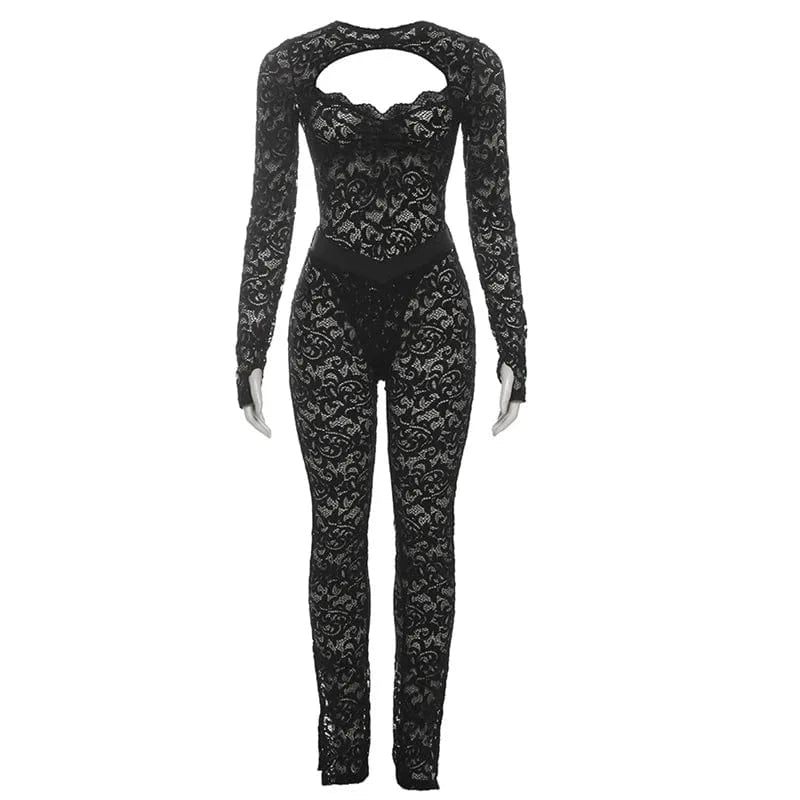 Black / M Lace See Through 2 Piece Set Women 2024 Autumn Sexy Hollow Jacquard Backless Bodysuit Leggings Party Clubwear Skinny Outfits