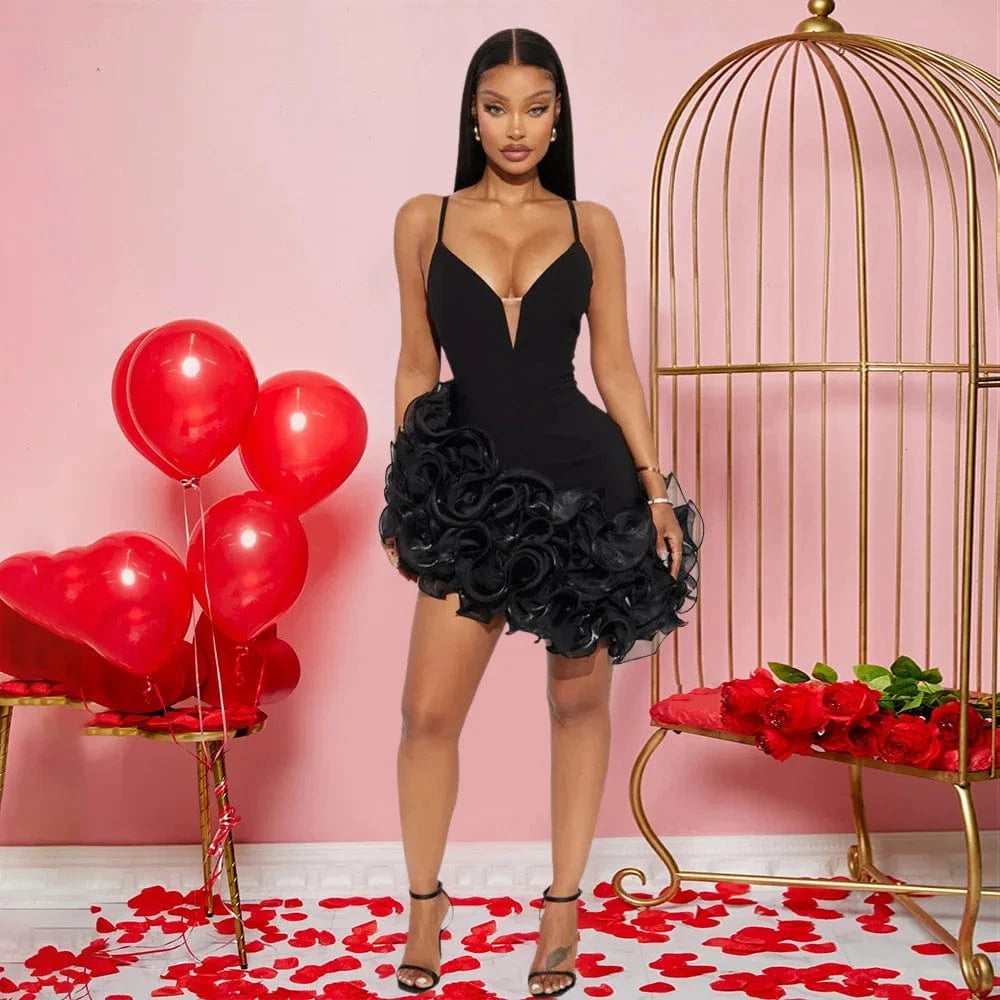 Black / M Ruffles Sleeveless Bodycon Mini Pleated Dress Women Party Elegant Short Evening Dresses Lady Luxury Sexy Birthday Red Prom Dress