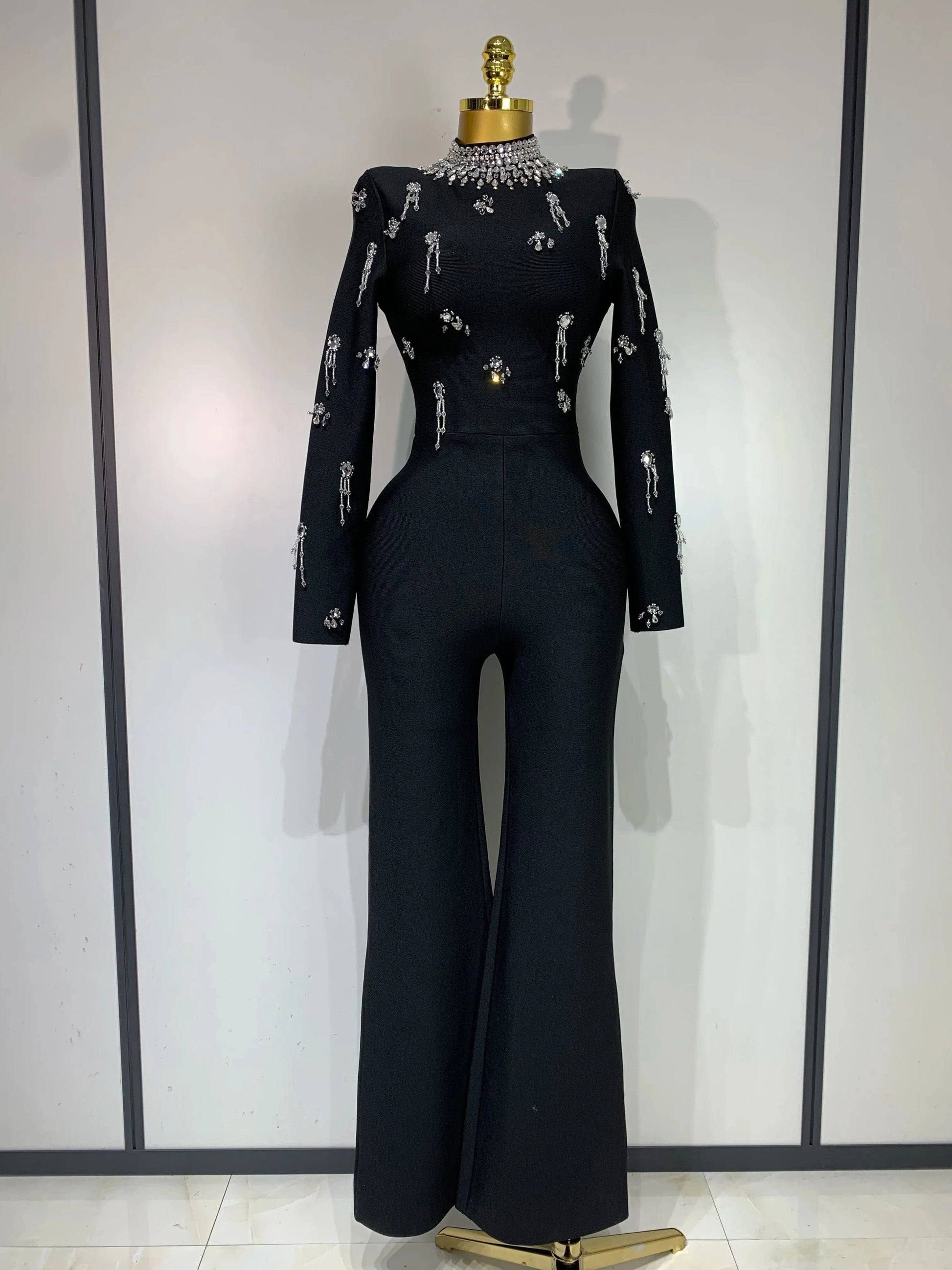 black / M Sparkly Diamonds Long Sleeve Black Bodycom Bandage Jumpsuit Fashion 2025 Woman Evening Party Elegant Luxury Birthday Rompers