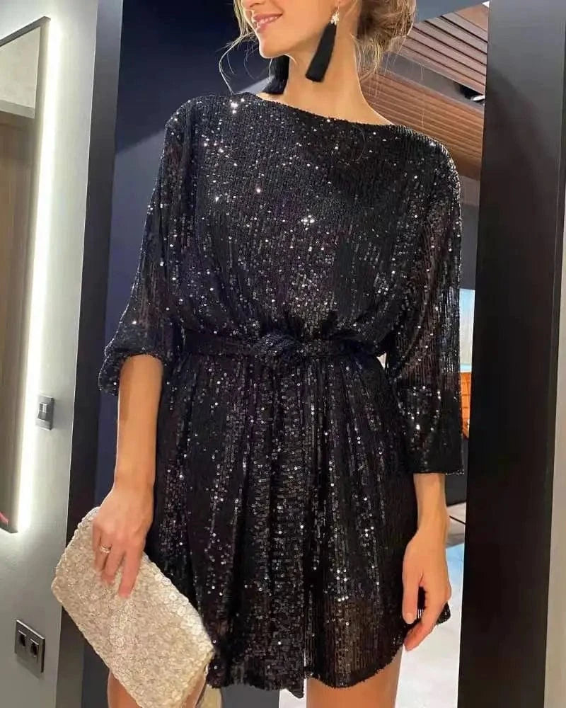 black / M Sparkly Puff Long Sleeve Party Dress with Belt for Women Glitter Beaded Mini Dress Loose Wedding Bridesmaid Ladies Short Dresses