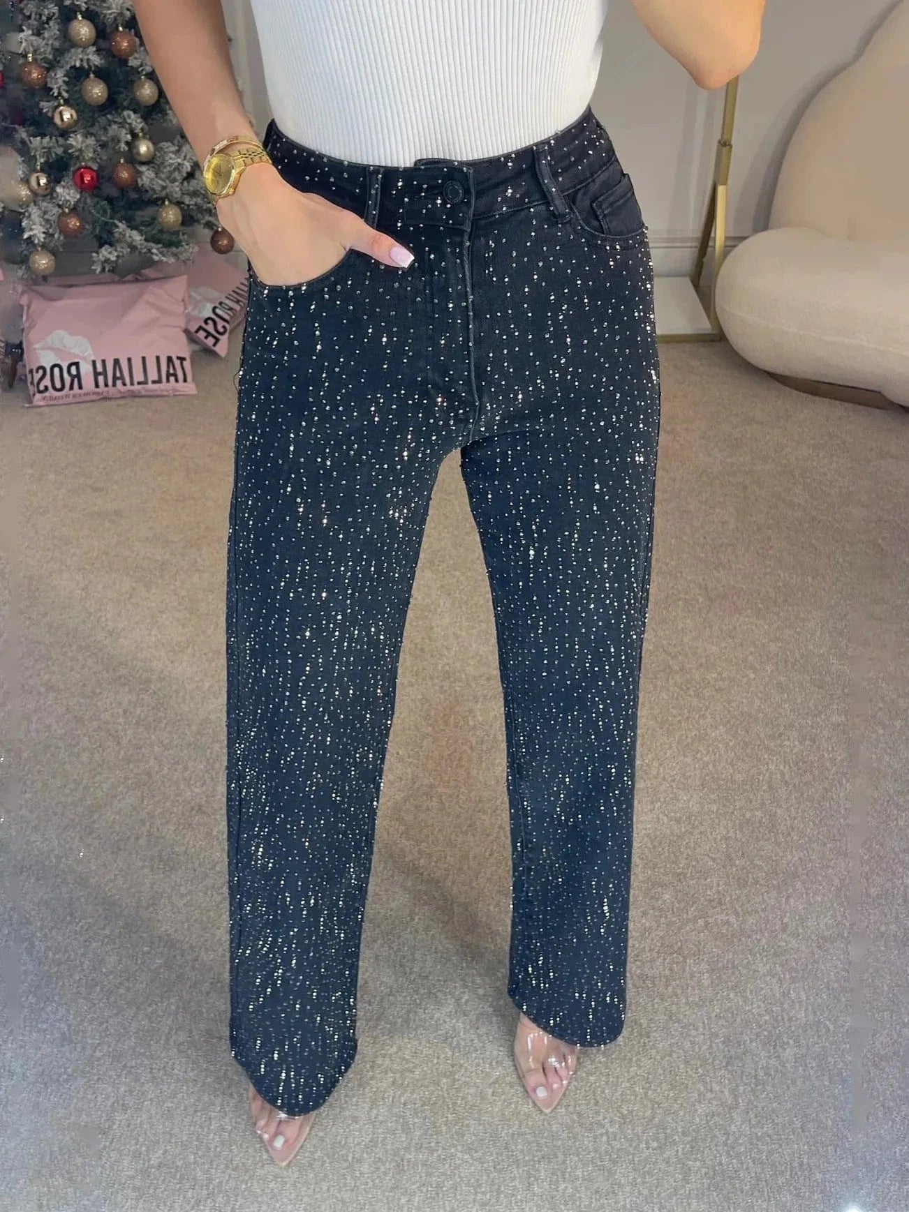 black / M Straight Jeans for Women Diamonds Pants Stretch High Waist Washed Distressed Pockets Vintage Denims Streetwear Female Trousers
