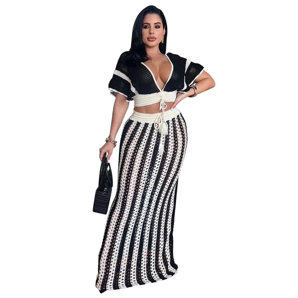 Black / M Summer 2 Pieces Women Vacation Outfits Striped Knitted Dress Sets Hollow Out Long Skirts and Short Sleeve V-Neck Crop Tops Set