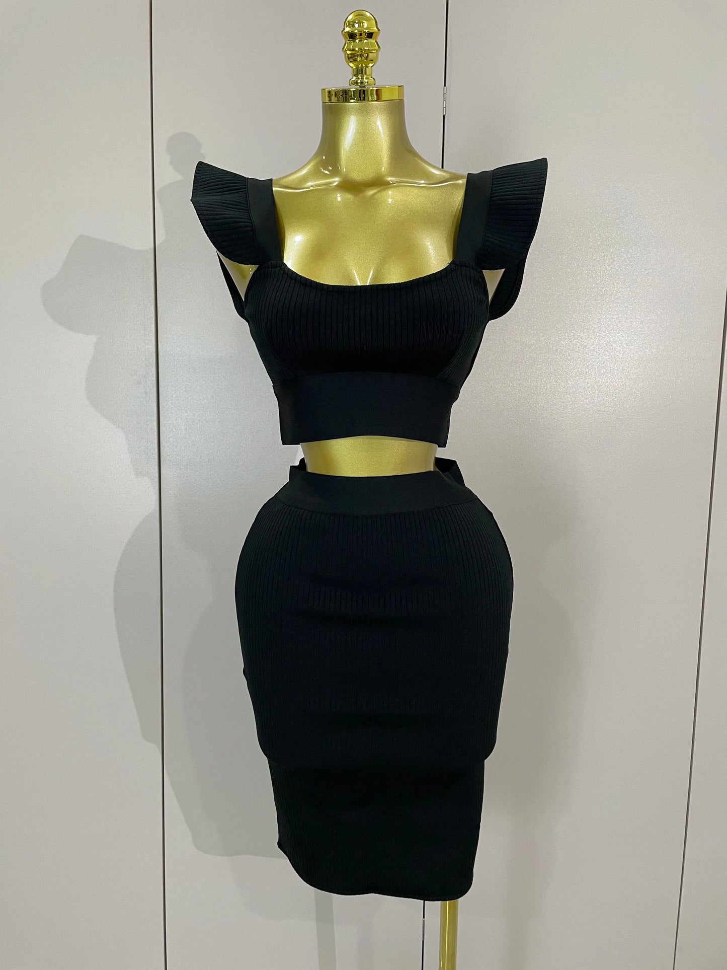 black / M Women 2025 New Sexy Backless Ruffles Red Bandage Two Pices Set 2025 Celebrity Evening Elegance Birthday Party Dress