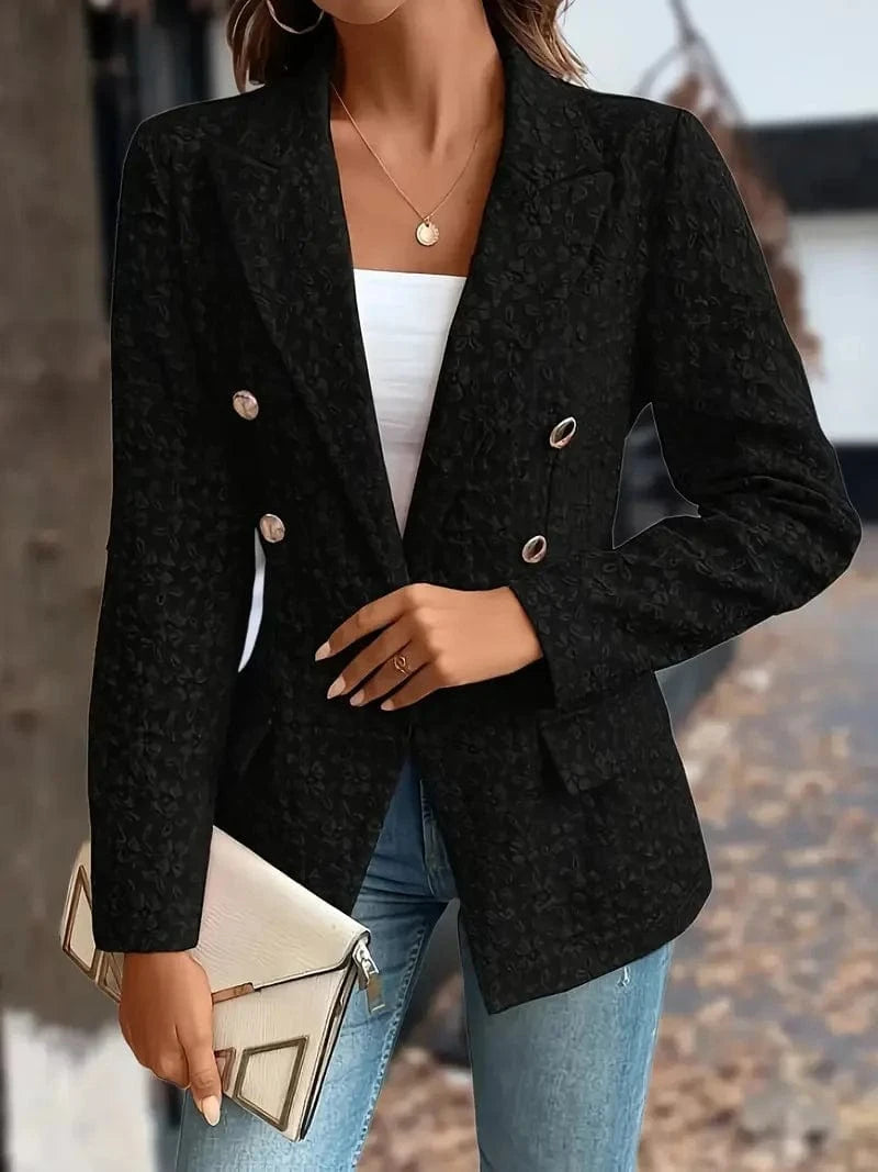 black / M Women Fashion Blue Blazer Jacket 2024 New Office Lady Double Breasted Pockets Vintage Female Coat
