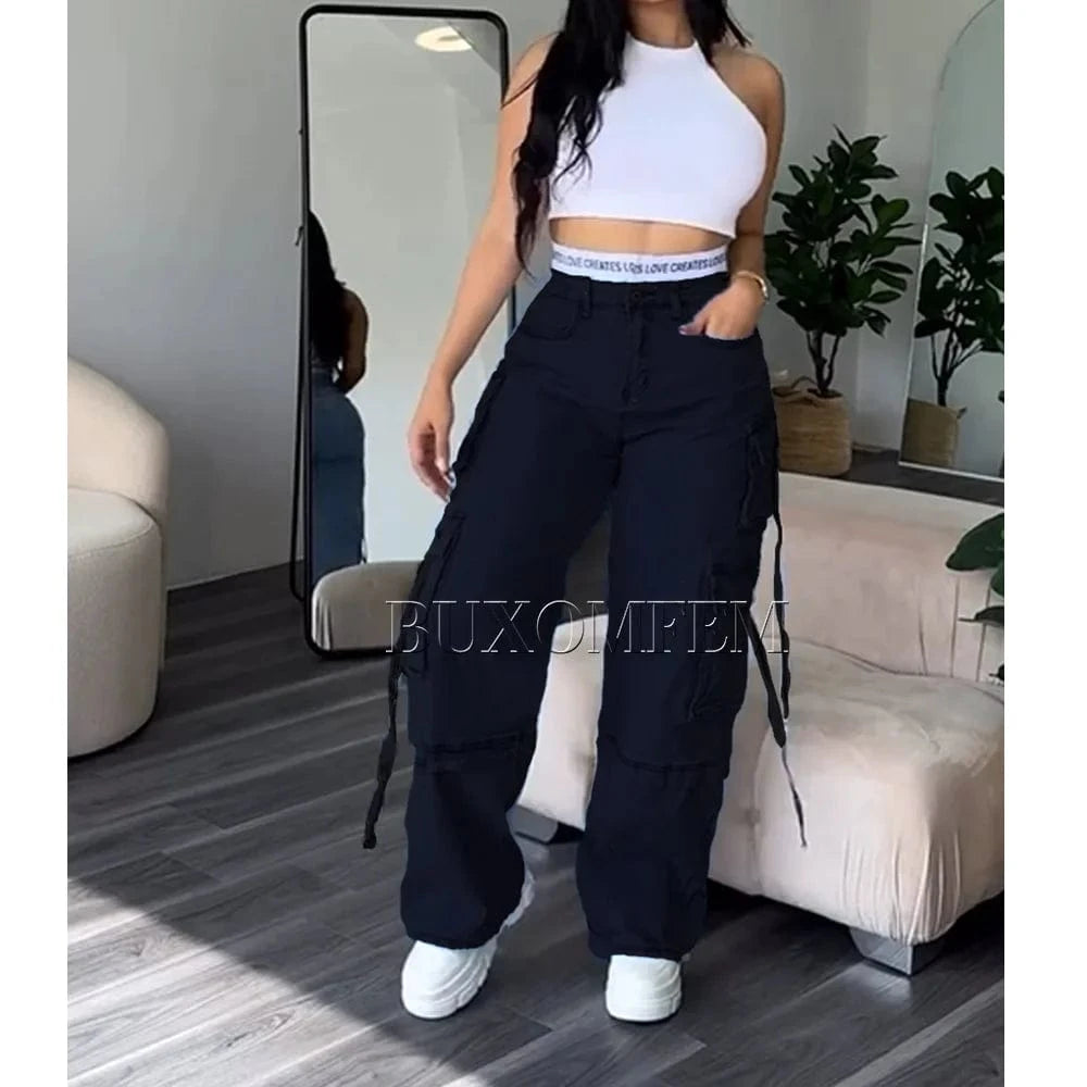black / M Women's Multi-Pocket Jeans, Retro Splicing, Drawstring, Cool Girl Trousers, Loose Casual Streetwear, New Bottoms, Fashion